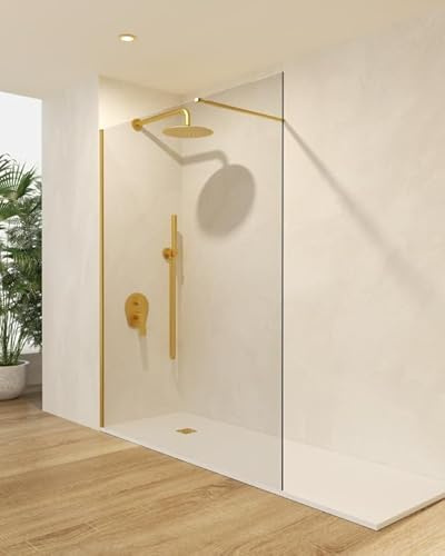 Mice - Mampara de ducha frontal Panel Fijo/Mampara Panel fijo Baño/Brazo regulable/Acero inoxidable/Cristal Transparente Templado 6mm (Oro Cepillado, 90 x 195)