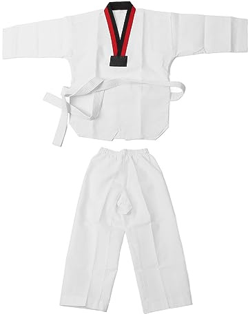 Haofy Vit Taekwondo-uniform för Barn, Karate Judo Dobok-kläder för Träningstävlingar, med Bekväm Ventilerande Bomull, Design med Svart Röd Krage