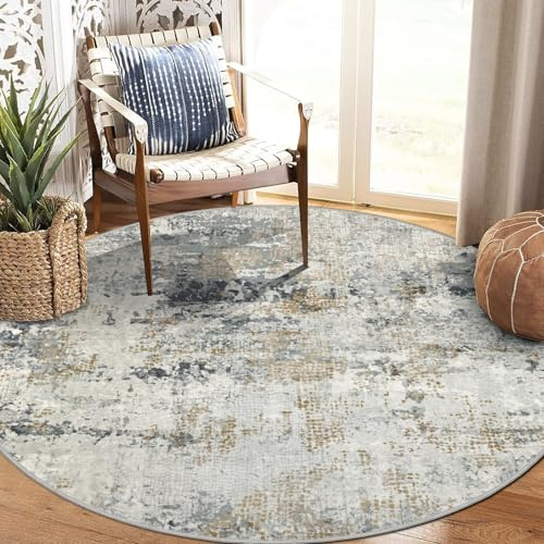 Capslpad Tapis abstrait - Rond - 160 cm - Moderne - Antidérapant - Pour salon, chambre à coucher, bureau - Lavable - Rond - Poils longs - Doux - Beige