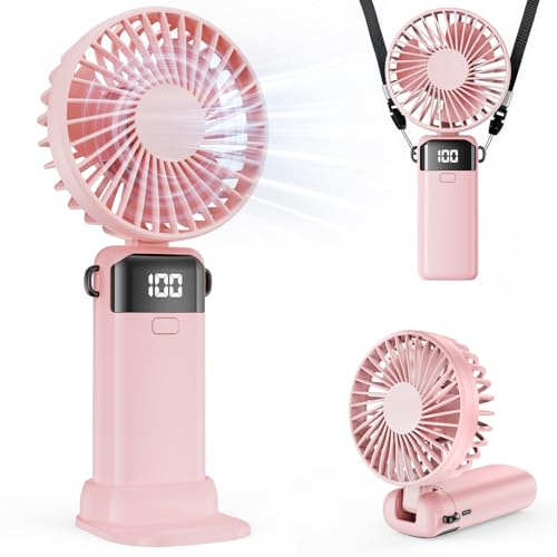 SHAWE Portable Handheld Fan, Hand Held Mini USB Rechargeable Fans with 5 Speeds, LED Display, Foldable Desk Fan Personal Small Desktop Fans for Home Office Bedroom Outdoor Travel