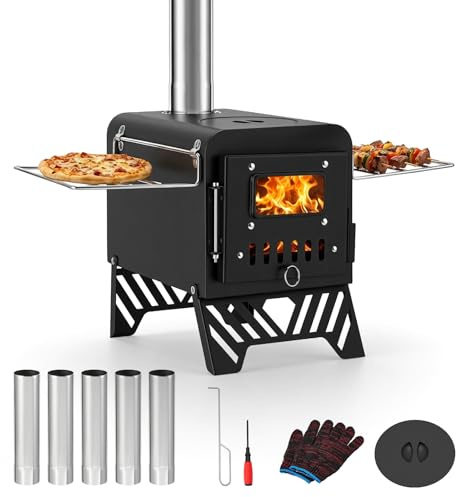 Foldable Camping Tent Stove with 5 Chimney Pipes, Viewing Window, Panels & Poker, Portable Carbon Steel Wood Burning Camping Stove for Outdoor Cooking and Heating