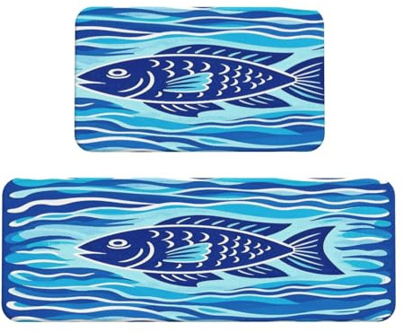 Vintage Fish Print Kitchen Rugs Set of 2, Cushioned Anti-Fatigue Kitchen Mats for Floor, Waterproof Comfort Standing Mat Absorbent Velvet Kitchen Runner Rugs 17x30+17x47
