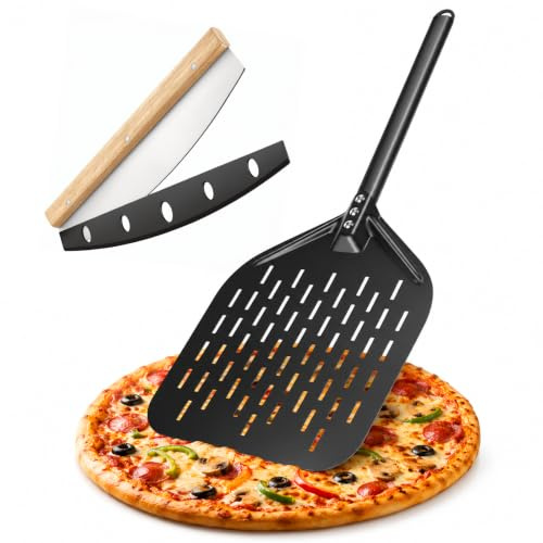 Pizzaschieber Set mit Perforiertem Schieber & Pizzaschneider, Antihaft Beschichtung, Pizza Wiegemesser für Hausgemachte Pizza & Brot ideal für Pizzastein Backofen & Grill