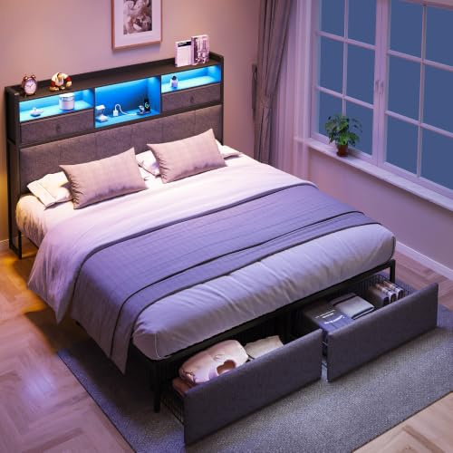 Luxstein Double Bed Frame 135×190 cm with LED Lights & Charging Station
