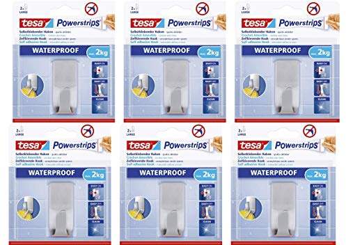 tesa Powerstrips Haken wasserfest / Selbstklebende Halterung aus rostfreiem Edelstahl für Dusche, Bad und Küche, max. 2 kg (6er Pack)