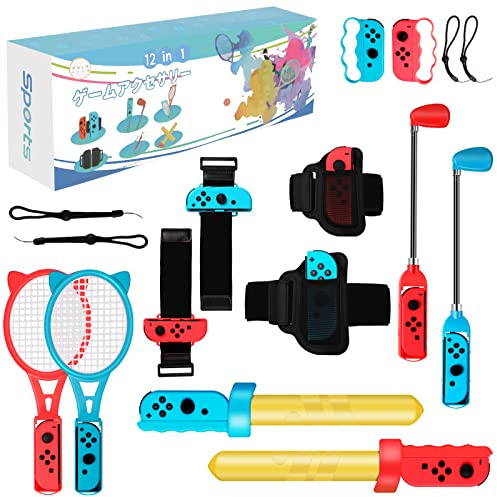 OLDZHU 12 in 1 Switch Sport Spiel Zubehör,2023 Switch-Zubehörpaket kompatibel mit Nintendo Switch Enthält Einziehbarer Golfschläger,Tennisschläger,Boxgriff,Beingurte,Schwertkampfgriffe (Blau + Rot)