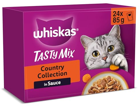 Whiskas 1+ kattmat Tasty Mix Country Collection i sås, 24 x 85 g (2 förpackningar) – högkvalitativt våtfoder för vuxna katter i 48 portionspåsar