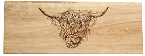Selbrae House Schneide- & Servier-Brett Eichen-Holz lasergraviert mit Hochland-Rind ca. 60cm L aus Echt-Holz zum Schneiden und Anrichten für Fleisch, Wurst & Käse oder als Geschenk für Schottland-Fans