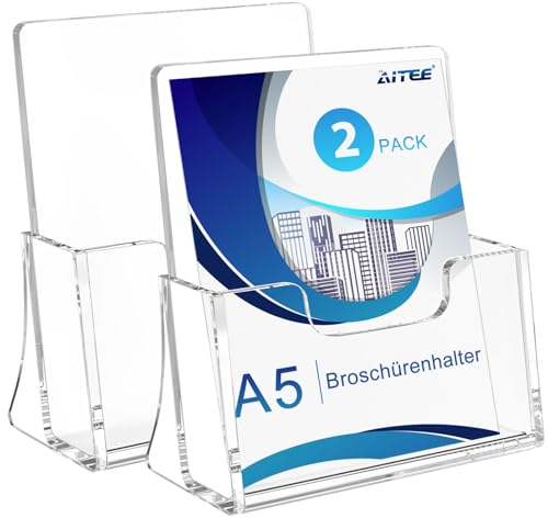 AITEE DIN A5 Tisch-Prospektständer: 2 Stück Acryl Transparenter Flyerständer Freistehende Prospekthalter für Counter Büro Restaurant Rezeption
