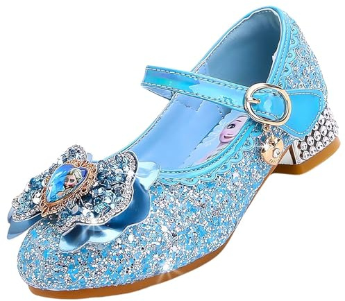 Vorkhuaeri Mädchen Prinzessin ELSA Schuhe Stöckelschuhe Kinder Glitzer Tanz Sneakers Prinzessin Kostüm Kinderschuhe für Dress Up Party Cosplay Hochzeit (A1-Blue,30)