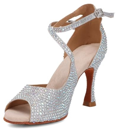 Syrads Scarpe da Ballo Latino da Donna Salsa in Raso Scarpe da Ballo da Ballo da Sala per Principianti sociali Salsa Festa da Ballo Latino,Argento 9cm Heel,38 EU