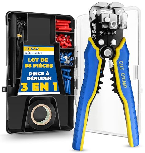 S&R Automatische Abisolierzange im 98-tlg Set 5-in-1, Kabel Entmanteler, Crimpzange, Cutter, mit 70 St isolierten Kabelschuhen Klemmen, 25 St Kabelbinder, 1 Isolierband, 1 Marker