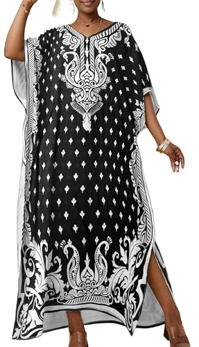 Bsubseach Ethnic Kaftan Dresses for Women Plus Size Beach Cover Up Short Sleeve Beach Dress Caftan Loungewear Black