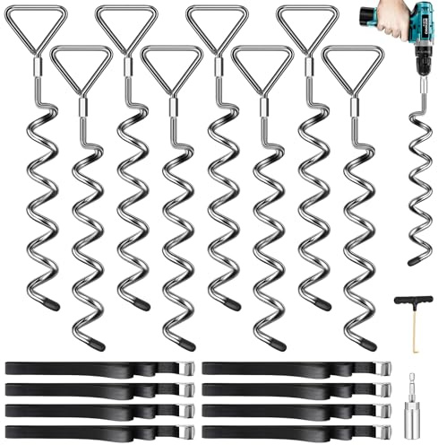 Payivsve Ground Anchor Trampoline Set of 8 – with 8 Straps (2.5 m Length) – Heavy Duty Ground Anchors Resist High Wind, Ideal for Outdoor Trampoline