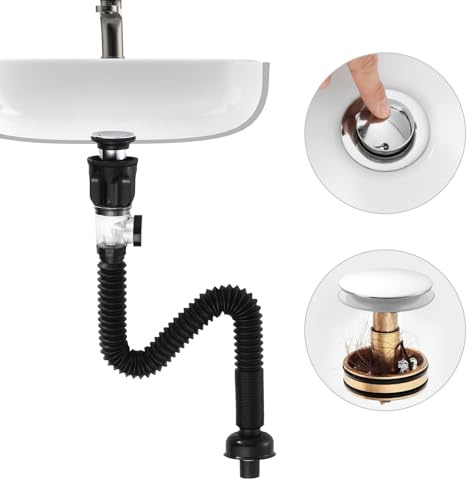 Waschbecken Ablaufgarnitur Kit ohne Überlauf, KEOKBON Bad Siphon Waschbecken Abfluss mit Flexibler Ablaufschlauch, für Badezimmer,Anti Verstopfung Geruch und Insekt Resistent PP Abflussrohr -Chrom