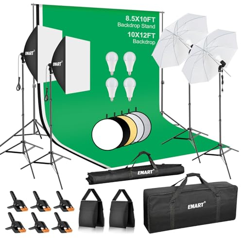 EMART 8.5 x 10 ft Backdrop Support System, Professional Photography Lighting Kit with 10*12ft Backdrop*3, 5500K 50W LED, Reflector, Umbrellas&Softbox Lighting Kit for Studio, Portrait, Video Shooting