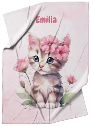 fotobar Wohndecke mit Namen personalisierbar, Kuscheldecke, Namensdecke mit süßem Kätzchen, Geschenkidee Geburtstag Motiv Katze rosa 75 x 100 cm