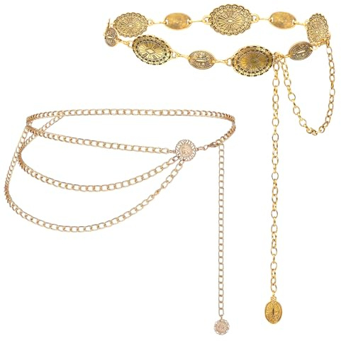 2Pcs Gold Chain Belt, Western Metal Concho for Women Cowgirl Belly Chain