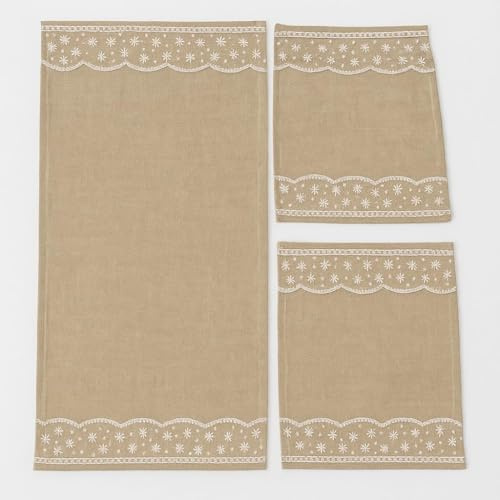 Corredocasa - Tris centrini Ricamati con Pizzo in Canapa - Runner da tavola 40 x90cm e 2 Centri comodini 30 x40cm - Artigianali Moderni per mobili, Cucina, Sala da Pranzo e Camera da Letto (Corda)