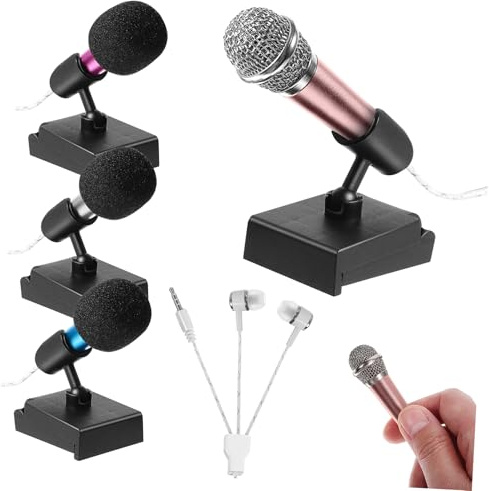 EXQUIMEUBLE 4 Sets Mini Microphones Kit with Covers and Stands Portable Wired Headset Mics for Phones and Laptops Lightweight Play Recording and Singing Equipment for Home and Party Use