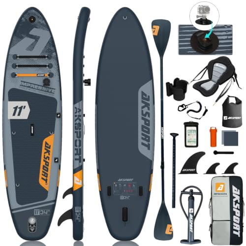 AKSPORT Tabla de Paddle Surf Hinchable 11' con Kit de Accesorios Premium | Diseño Extra Ancho 34 | Superficie Antideslizante | Ideal para Adultos y Jóvenes de Todos los Niveles