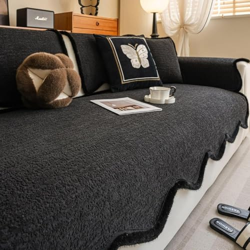 Uguli Chenille Sofa Cover, Fleece Non-Slip Couch Covers with Wavy Edge Design, Cosy Sofa Slipcovers, Washable Couch Cushion Cover, Furniture Protector for Kids and Pets Black 70x70cm