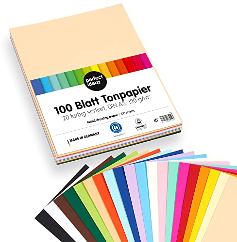perfect ideaz - 100 Blatt Tonpapier DIN-A5, 20 Farben, 120 g/m², made in Germany, Blauer Engel zertifiziert