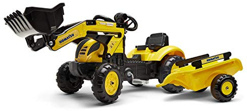 FALK - Tractopelle Komatsu avec remorque - Dès 2 ans - Fabriqué en France - pelle frontale articulée - Plaque d'immatriculation personnalisable - 2076M