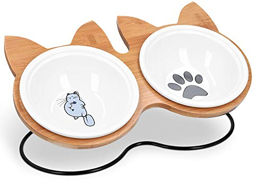 Navaris Futternapf Katze mit Bambus Halter - Futterstation Set Keramiknapf für Katzen Hunde - Keramik Fressnapf Set - Futternapf mit Halterung