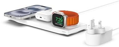 Belkin MagSafe Charger, 3 in 1 wireless charging station, MFi Certified Travel Pad for iPhone 16, 15, 14, 13, 12 Series, Apple Watch 10, 9, 8, 7, SE, Ultra and Older, AirPods 2, AirPods, AirPods Pro