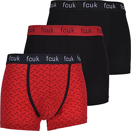French Connection 3-Pack Fcuk Logo Imprimé sous-vêtements Homme Boxer Trunks, Rouge/Noir L