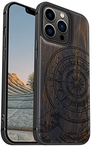 Carveit Coque magnétique pour iPhone 13 Pro Étui de Protection [Artistique Bois Noir] [Pare-Chocs en TPU Souple] Coque de téléphone Compatible avec 13Pro Magsafe Coque (Boussole Kanagawa Waves)