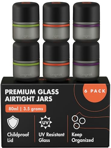 ONGROK Glass Storage Jar, 80ml, 6 Pack, UV Herb/Spice Jar with Child Resistant Lid, Color-Coded Glass Containers Air Proof to Preserve Smell and Aroma, Perfect Size to Store in a Drawer or Cupboard