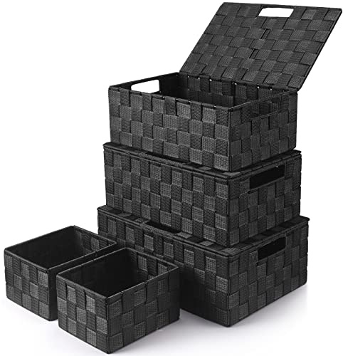 Aufbewahrungskorb mit Deckel: 5 Set, 34 x 24 x 13.5 cm, Stapelbar, Schwarz | Vielseitige Aufbewahrungsbox für Badezimmer, Schlafzimmer, Handtücher und Kosmetik, Ideal Zum Ordentlichen Verstauen