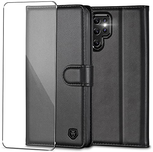 Kuafcase Handyhülle für Samsung Galaxy S22 Ultra Hülle mit 1 Stück Schutzfolie Leder Brieftasche Schutzhülle Samsung S22 Ultra 5G 6.8 Klapphülle Case Cover, Schwarz