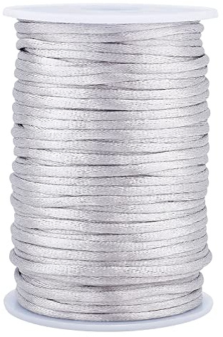 PH PandaHall Cuerda sedosa plateada de 3 mm, cordón de seda de cola de rata, hilo de nudo chino, cuerda gruesa para tejer para joyería de Navidad, fabricación de pulseras, joyería, 50 m