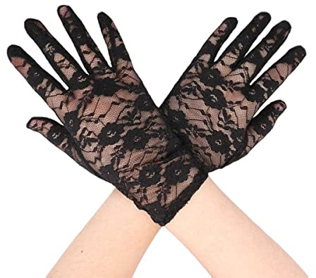 Morices Women Short Elegant Lace Gloves, Ladies Black Floral Lace Gloves Vintage Opera Gloves 1930s Gloves for Women Ladies and Girls Evening Wedding Tea Party Prom Cosplay