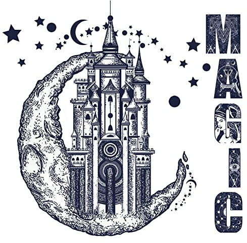 WandSticker4U®- Wandtattoo Schlafzimmer MAGIC dunkelblau (68x52 cm) I Moderne Wandsticker Mädchen Mond Zauber Schloss I Wanddeko Wohnzimmer Küche Flur Jugendzimmer Tür Aufkleber COOL