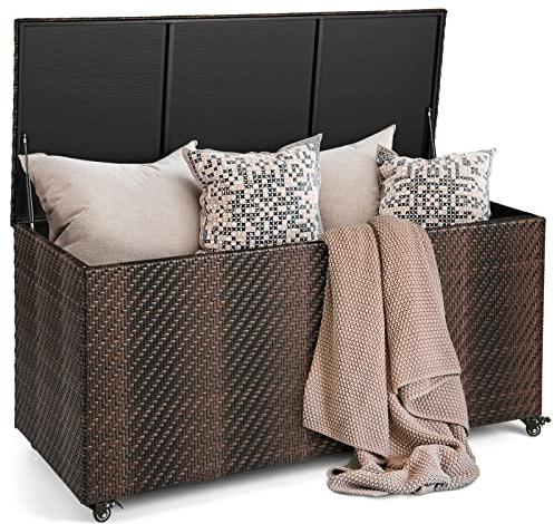 Giantex 96-Gallon Outdoor Storage Box - PE Wicker Deck Box with Lid, 4 Wheels, Waterproof Liner, outside Rattan Storage Container for Patio Cushions, Garden Tools Accessories Storage Box (Mix Brown)