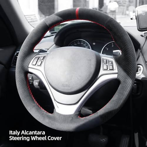 Alfanxi Handstich Alcantara Lenkradbezug Kompatibel mit BMW M3 E90 E92 E93 2008-2013 (Red Stripe)