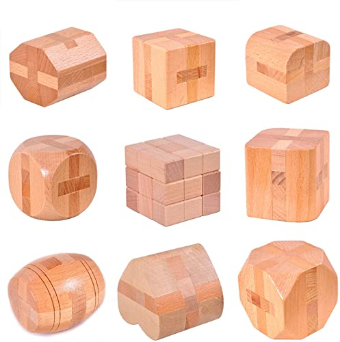 Holzsammlung 9 Stück Holz Denksport Logisches Spielzeug Holzspiele Knobelspiele Geduldspiel Mini 3D IQ Test Mind Game Puzzle Cube Set Logikspiele Holzpuzzle Denkspiel für Erwachsene und Kinder
