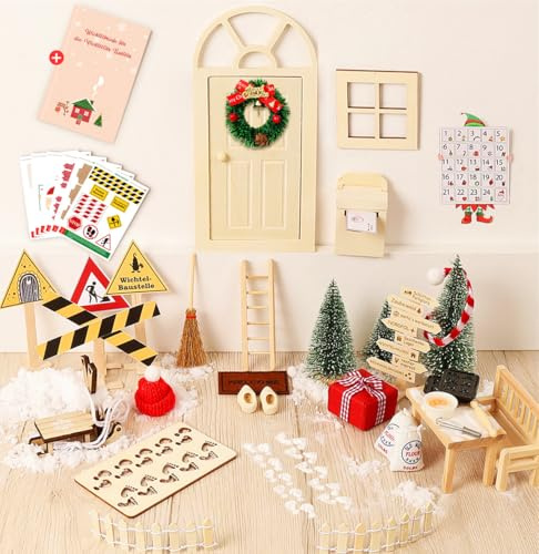 Wichtel Zubehör Weihnachten mit Briefen, Wichteltür Set Im Dunkeln Leuchten BaustellAe Adventskalender Backset Schlitten Briefkasten Tisch Stühle Weihnachts Bastelset Feentür Made China