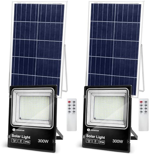Aigostar-Foco proyector LED solar con mando a distancia，300W，6500K luz blanca.Resistente al agua IP66.Perfectos para interior y exterior jardín，patios，caminos o garajes，Longitud de cable 2M，2 Piezas