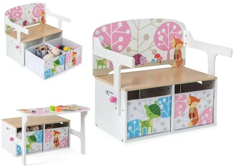 DREAMADE 3 in 1 Kindersitzgruppe aus Holz, Kinder Tisch Stuhl Set mit 2 Stoffboxen, Kinderbank mit Stauraum & Deckel, Aufbewahrungsbank Spielzeugkiste Truhenbank für Kinderzimmer(Weiß)