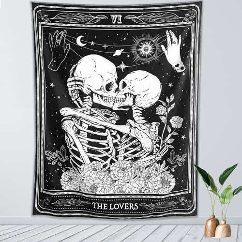 KJHL The Lovers Totenkopf-Tapisserie, Wandbehang, Gothic, Hexe, dunkel, vertikal, Skelett, ästhetisch, für Schlafzimmer, Wohnzimmer, 122 x 91 cm, Schwarz