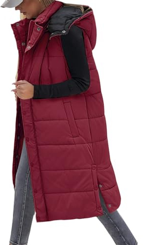 Tuopuda Chaleco Largo para Mujer de Capucha con Cremallera Chaleco Acolchado de Plumas Chaqueta de Invierno sin Mangas Abrigo de Cálidos on Bolsillos(Vino,L)