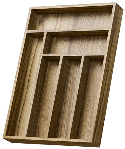 Kiasthome Acacia Wood Silverware Drawer Organizer, Kitchen Utensil Cutlery Drawer Organizer with Dividers, Flatware Organizer, Silverware Tray Holder for Spoons, Forks, 11.8''x16.5'' (6 Slots)