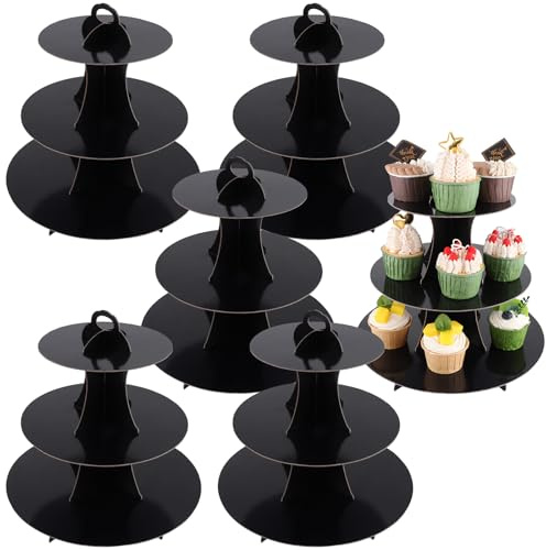 GBACHOOSE 6 Pack Black Cardboard Cupcake Stand 3 Tier, Afternoon Tea Stands Cardboard, Cake Stand Round Dessert Tower Cupcake Holder for Afternoon Tea, Birthday Party, Wedding