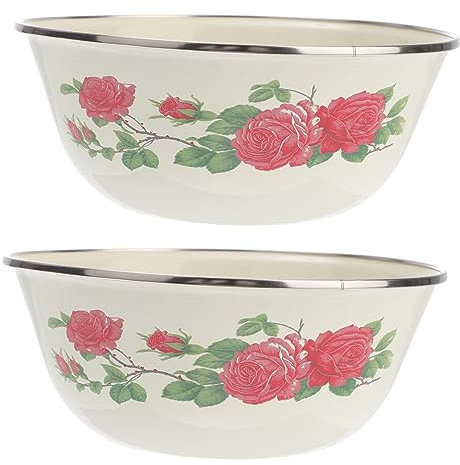 Amosfun 2pcs Chinese Style Enamelware Salad Bowls Lids Insulated Food Serving Bowls for Parties