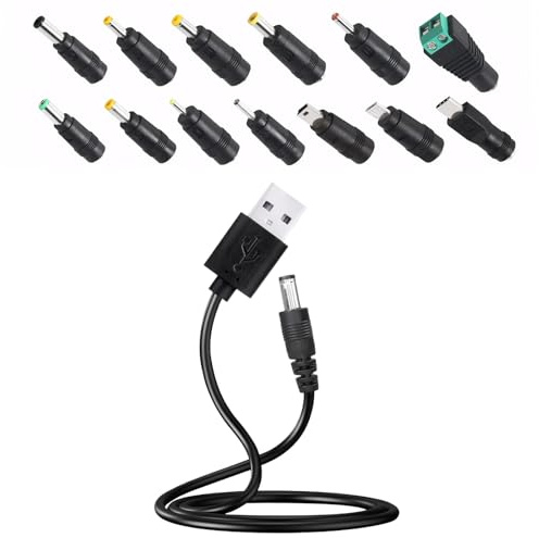 Belligern USB to DC Power Cable General DC5V Charger Cable DC Power Cable with 13 Interchangeable DC Connectors 5.5x2.5mm Mirco USB Mini USB Type C Etc Compatible with Laptops Routers Keyboards